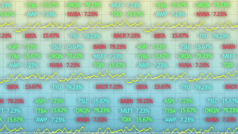 Animation-of-multicolored-trading-board-over-grid-pattern-against-blue-background