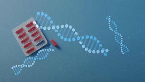 Animation-Von-DNA-Strängen,-Die-Sich-über-Eine-Packung-Pillen-Auf-Blauem-Hintergrund-Bewegen