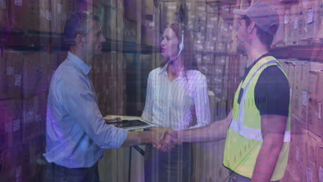 Animation-of-caucasian-female-and-male-warehouse-worker-moving-shapes