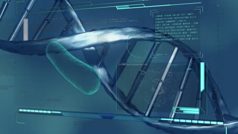 Digital-interface-with-data-processing-against-dna-structure-on-blue-background