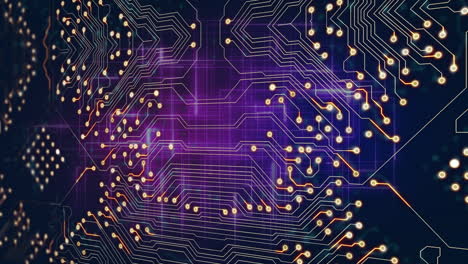Animation-of-integrated-circuit-over-purple-and-navy-background-with-lines