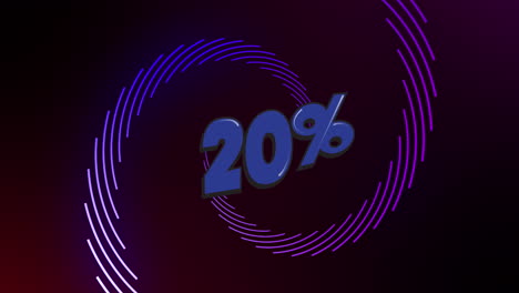 Animation-Von-20-Prozent-Und-Violetten-Linien,-Die-über-Schwarzem-Hintergrund-Rotieren