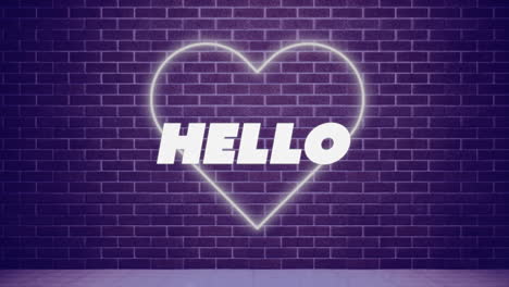 Animation-of-colorful-hello-text-banner-over-neon-heart-icon-against-brick-wall-background