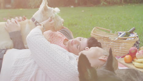 Caucasian-lesbian-couple-playing-with-their-dog-while-lying-on-the-blanket-in-garden-during-picnic