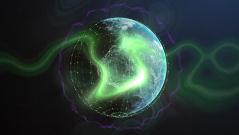 Animation-of-green-glowing-digital-wave-over-spinning-globe-against-purple-background