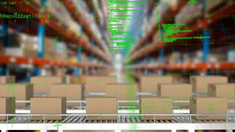 Animation-of-data-processing-over-delivery-boxes-on-conveyer-belt-against-warehouse