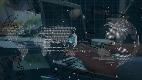 Animation-Von-Globus,-Weltkarte,-Tag-Der-Erde-Und-Datenverarbeitung-über-Menschen,-Die-Im-Büro-Arbeiten