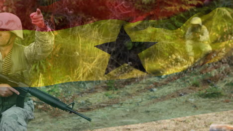 Animation-Der-Flagge-Ghanas-über-Verschiedenen-Männlichen-Soldaten