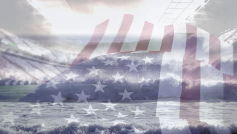 Zusammengesetztes-Video-Einer-Schwenkenden-Amerikanischen-Flagge-über-Wellen-Im-Meer-Vor-Einem-Sportstadion