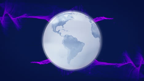 Animation-Des-Sich-Drehenden-Globus-Und-Lila-Netz-Auf-Blauem-Hintergrund