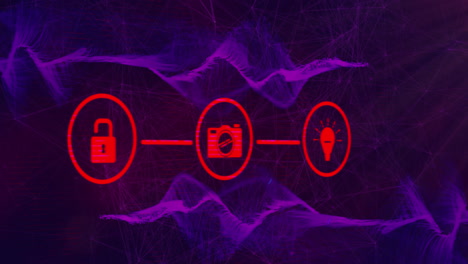 Animation-of-network-of-digital-icons,-digital-wave-and-network-of-connections-on-purple-background
