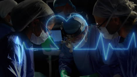 Animation-of-heart-rate-monitor-against-team-of-diverse-surgeons-performing-surgery-at-hospital