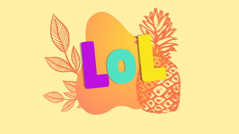 Animation-of-lol-over-pineapple-and-orange-shape-on-yellow-background