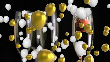 Animation-Goldene-Und-Weiße-Luftballons-über-Erdbeeren,-Die-In-Mit-Champagner-Gefülltes-Flötenglas-Fallen