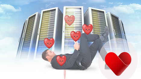Animation-of-hearts-and-caucasian-man-over-servers