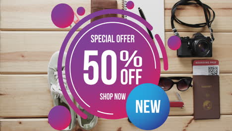 Animation-of-special-offer-50-percent-off-shop-now-new-text-over-travel-equipment