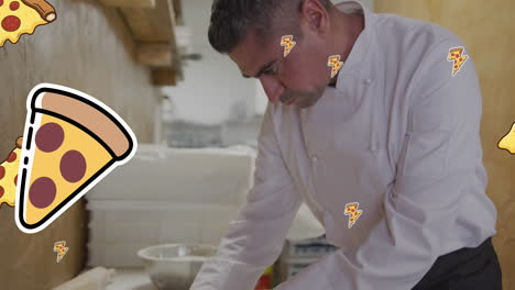 Animation-of-pizza-icons-over-biracial-male-chef-making-pizza