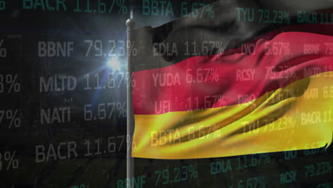 Animation-of-stock-market-data-processing-on-waving-germany-flag-and-light-spots-on-black-background