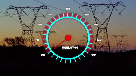 Animation-of-speedometer-over-electricity-poles-at-sunset