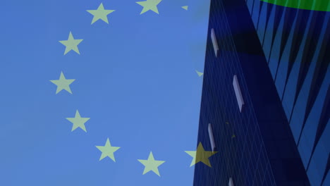 Animation-Der-Schwenkenden-Flagge-Der-Europäischen-Union-über-Dem-Stadtbild