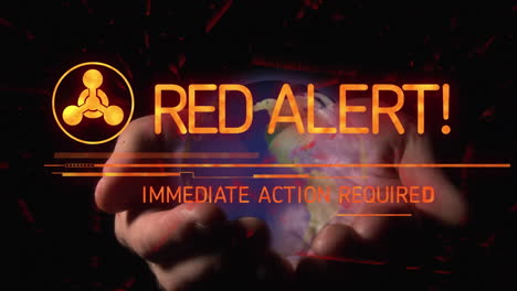 Animation-of-red-alert-text-banner-against-spinning-globe-over-cupped-hands
