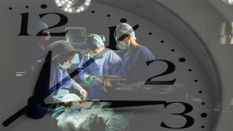 Animation-of-ticking-clock-against-team-of-diverse-surgeons-performing-surgery-at-hospital