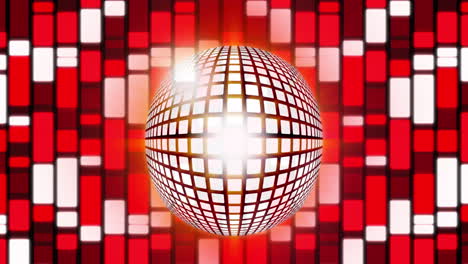 Animation-Einer-Disco-Spiegelkugel,-Die-Sich-über-Rot-Leuchtende-Rechtecke-Dreht