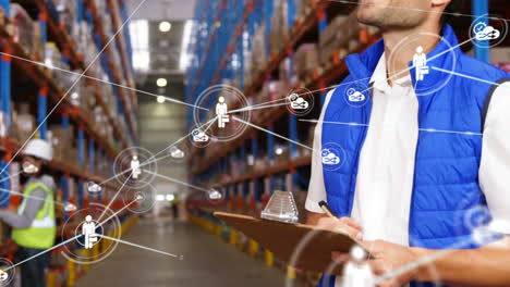 Animation-of-network-of-connections-over-caucasian-male-worker-with-clipboard-in-warehouse