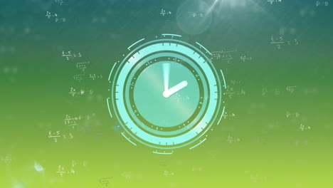 Animation-of-clock-with-mathematical-equations-over-green-background