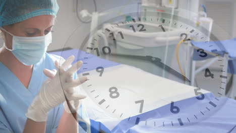 Animation-of-ticking-clock-against-stressed-caucasian-female-surgeon-with-folded-hands-at-hospital
