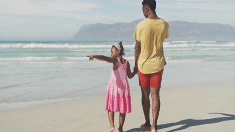 African-american-father-and-daughter-holding-hands-walking-at-the-beach