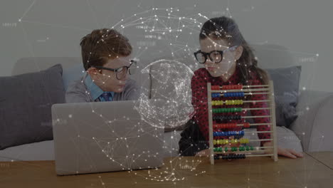 Animation-of-connections-with-globe-over-caucasian-pupils-with-laptop-learning-at-home