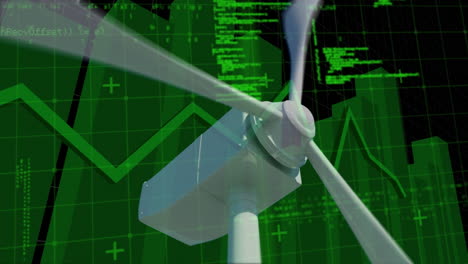 Animation-of-data-processing-with-green-line-and-statistics-and-wind-turbine