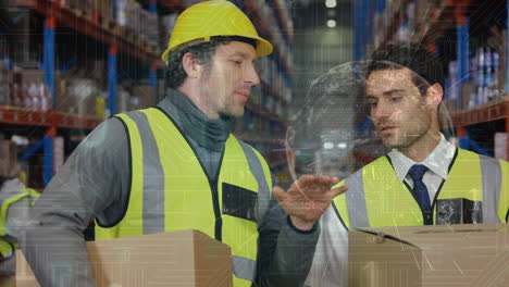 Animation-of-digital-data-processing-over-two-caucasian-workers-of-warehouse