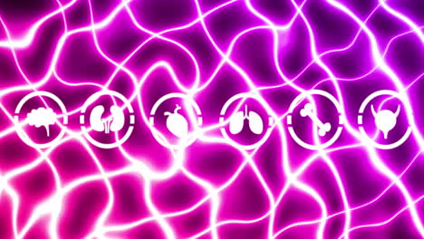 Animation-Mehrerer-Medizinischer-Symbole-über-Leuchtenden-Lichtspuren-Vor-Violettem-Hintergrund