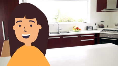 Animation-of-happy-woman-icon-over-empty-kitchen