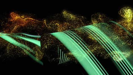Animation-of-green-light-trails-and-yellow-mesh-on-black-background