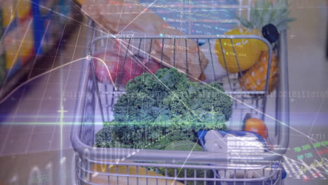 Animation-of-data-processing-and-binary-coding-over-shopping-cart-in-supermarket