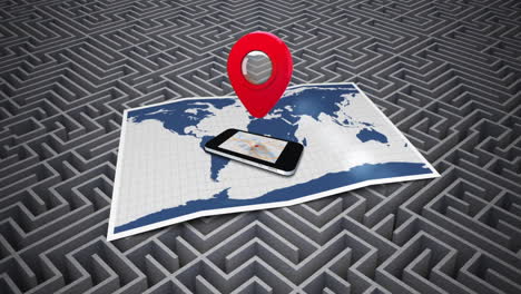 Animation-of-red-location-pin-over-smartphone-and-map-on-maze-pattern-on-grey-background