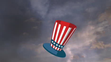 Animation-of-hat-in-american-flag-colours-over-stormy-sky