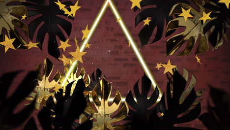 Animation-Von-Sternen-Und-Neondreieck-über-Blättern-Auf-Ziegelhintergrund