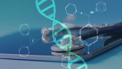 Animation-of-chemical-structures-and-dna-strand-over-stethoscope-and-tablet