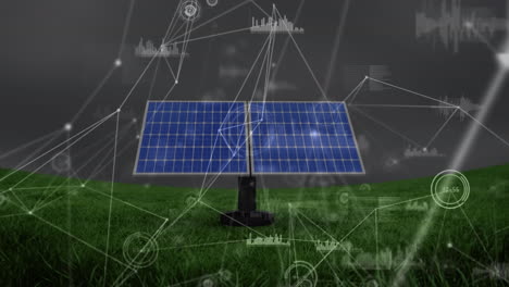 Animation-of-network-of-connections-and-data-processing-over-solar-panes-on-grass-against-grey-sky
