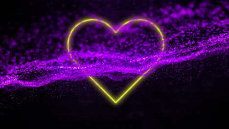 Animation-of-neon-yellow-heart-icon-and-purple-glowing-digital-wave-against-brick-wall-background