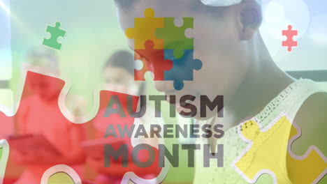 Animation-of-autism-awareness-month-text-over-diverse-schoolchildren