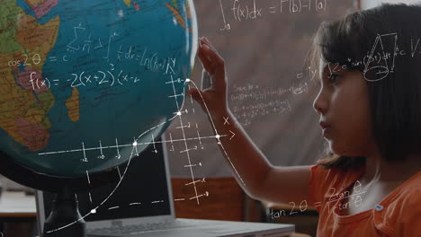 Animation-of-mathematical-equations-over-caucasian-schoolgirl-with-globe