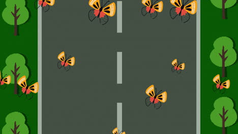Animation-of-butterflies-over-screen-with-road-video-game
