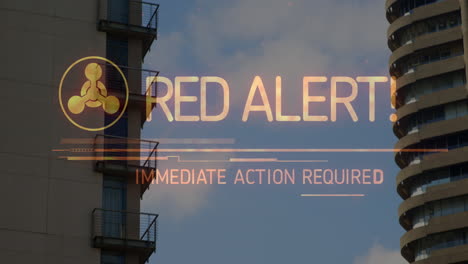 Animation-of-red-alert-text-over-cityscape