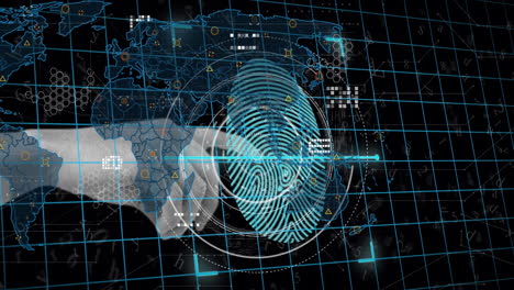 Animation-of-scope-scanning-and-world-map-over-hand-and-fingerprint-on-black-background