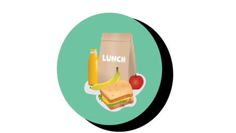 Animation-Einer-Papiertüte-Mit-Text-Zum-Mittagessen-Und-Lebensmittelsymbolen-Auf-Weißem-Hintergrund
